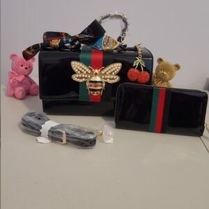 Black Patent Crossbody Bag with Bee Accent and Matching Wallet